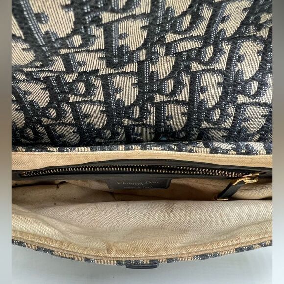 Auth DIOR/ChristianDior Saddlebags,Trotter - Navy Cream Jacquard Leather Handbag - Picture 9 of 11